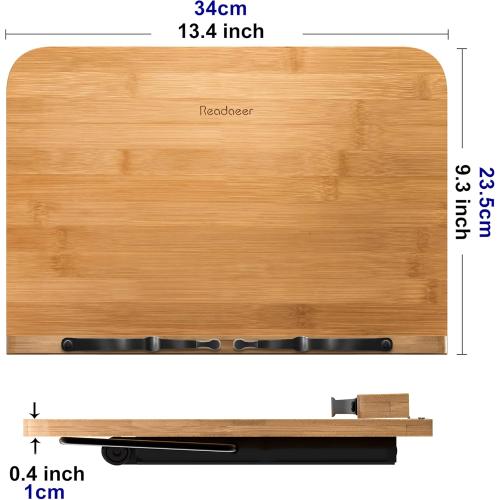 Readaeer Bamboo Book Stand, Large Book Holder with 6 Adjustable Height, Foldable Cookbook Stand Desktop Document Holder for Kitchen & Office (13.4 x 9.3 Inch)