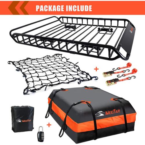 MeeFar Roof Rack Carrier Basket Universal Rooftop 51 X 36 X 5   Waterproof Bag 15 Cubic Feet (44 34 17), and Cargo Net with Attachment Hooks, Ratchet Straps