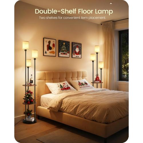 70.9 Floor Lamp with Shelves, Modern Floor Lamp with 3 Linen Shades and Foot Switch, 3-Light Standing Lamp, for Living Room, Bedroom, Study, Office, Rustic Brown and Beige EF53LD05‼️missing pieces‼️