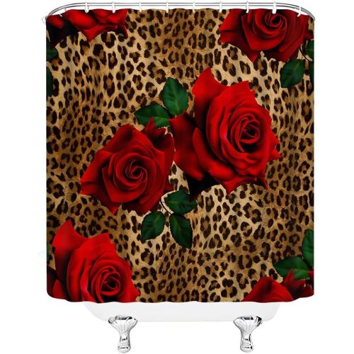 Leopard Flower Shower Curtain Red Rose Floral Valentines Wild Animal Print Mix Skin Pattern Creative Modern Woman Fabric Bathroom Decor Set with Hooks（70 WX70 H）