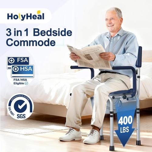 Drop Arm Bedside Commodes for Seniors, Potty Chair for Adults | Portable Commode Toilet with Padded Seat and Backrest, 400lbs Capacity, Height Adjustable, 6.3QT Bucket & Splash Guard, Blue