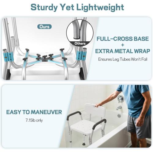 Shower Chair for Elderly and Disabled with Padded Armrests and Back, Adjustable Height Shower Seat, Tool-Free Heavy Duty Shower Chairs for Inside Shower, Handicap