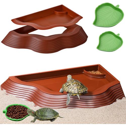 Tortoise Water Bowl with Ramp, 3PCS Leaf Reptile Food Water Bowl Turtle Pool Reptile Water Dish Tortoise Bathing Pool Turtle Soaking Dish Aquarium Habitat Accessories Large
