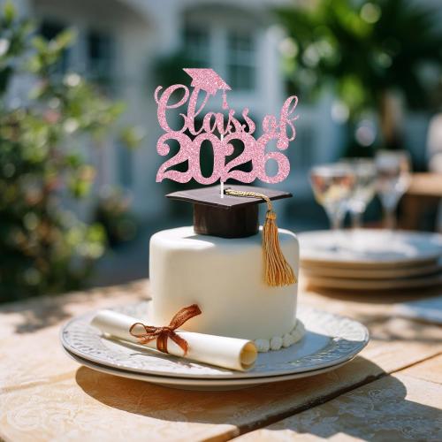 Black Glitter Class of 2026 Cake Topper, Congrats Grad 2026/Congrats Class of 2026/Congratulations, 2026 Graduation Party Decorations Supplies (2026, Pink)
