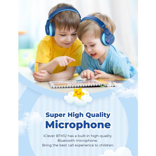 iClever BTH12 Kids Bluetooth Headphones,Colorful LED Lights Kids Headphones Wireless,74/85dBA Safe Volume,85H Playtime,Fast Charging,Bluetooth 5.2,Over Ear,Built-in Mic for iPad/Tablet/Airplane,Blue