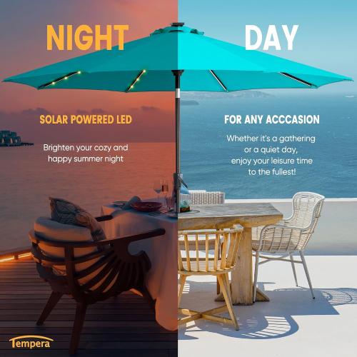 Tempera Teal Solar Patio Umbrella 40 LED Lighted Outdoor Umbrella Table Market Umbrella with Push Button Tilt and Crank, Solar Umbrella with Sturdy Pole&Fade Resistant Canopy, Easy to Set