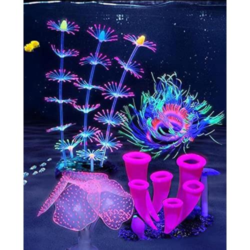 4 Pieces Aquarium Fish Tank Decorations with Glowing Effect, Silicone Glow Artificial Ornament Coral Reef Plants for Aquarium Decoration Small and Large Fish Bowl Decor Accessories
