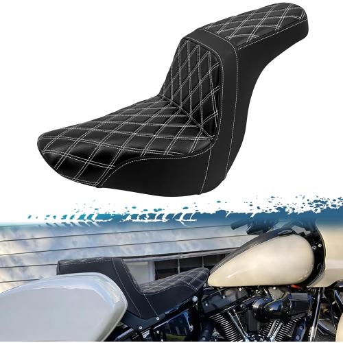 One-Piece Driver Passenger Seat Motorcycle 2-Up Seat Fit for Harley Sport Glide FLSB Low Rider FXLR FXLRS FXLRST 2018-later (White Stitching)