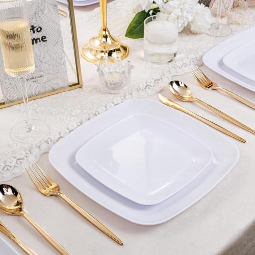 PULOTE 60PCS White Square Plastic Plates Disposable - Heavy Duty Party Plates Include 30 Dinner Plates,30 Dessert Plates for Parties&Weddings