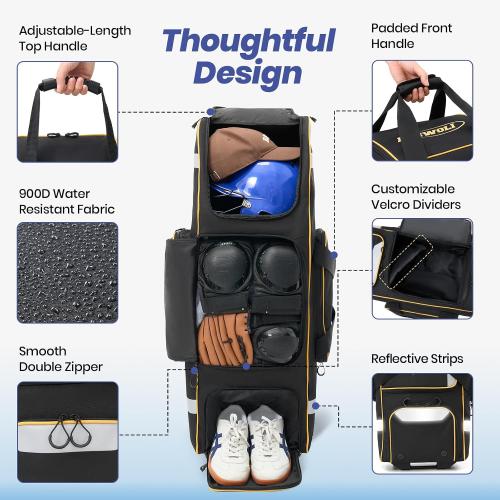 Fanwoli 81L Rolling Baseball Bag with Wheels, Softball Catchers Gear Bags for 4 Bats (Fits Up To 34), Separate Shoe Compartment, Safety Reflective Strip, Fence Hook, Foldable T-Bag for Youth & Adult