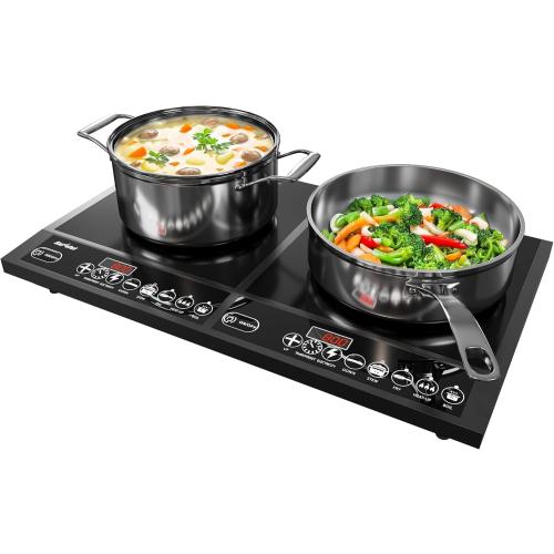 Commercial Double Burner Electric Induction Cooktop, 1000W 800W Dual Induction Hot Plate, 8 Power & 8 Temp Setting, Professional Countertop Burner Stove with Timer, LED Screen, Black