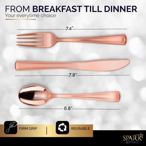 Heavy Duty Plastic Silverware Set - 300 Disposable Rose Gold Utensils (100 Forks, 100 Spoons & 100 Knives) for Party, Birthday, Wedding