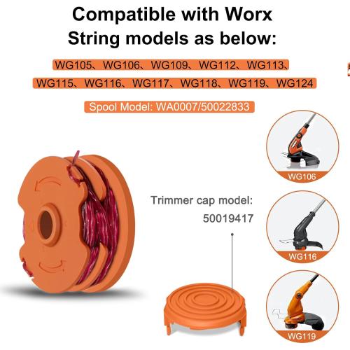 WA0007/50022833 Trimmer Spools for Worx Weed Eater WG116 WG119 WG183: 2×16ft 0.065 Inches Durable Auto-Feed Replacement String Compatible with Worx, 50019417 Cap Cover (8 Line Spool)