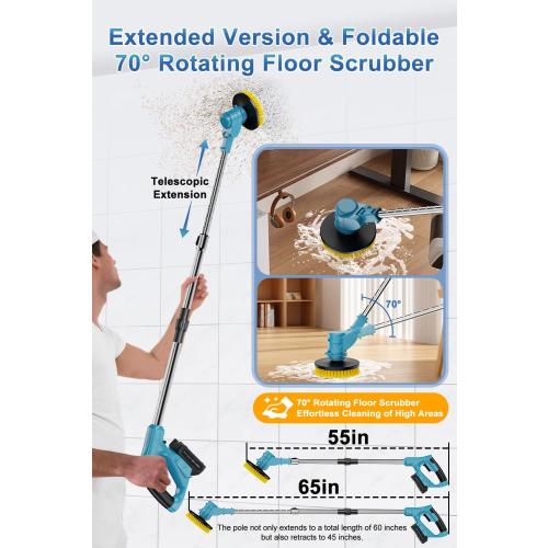 Electric Spin Scrubber Extra Long Foldable,Cordless Rechargeable Spin Scrubber Battery Power 21V,1800RPM Cordless Electric Power Scrubber with 6 Brushes for Bath/Tub/Tile/Floor/Walls