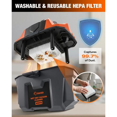 Saker Cordless Wet and Dry Shop Vacuum 17kPa 2.6 Gallon Portable Shop Vacuum Cleaner with Storage Rack, 2×4.0Ah Batteries, Strap, HEPA Filter, 3-in-1 Small Shop Vac for Car, Garage, Workshop