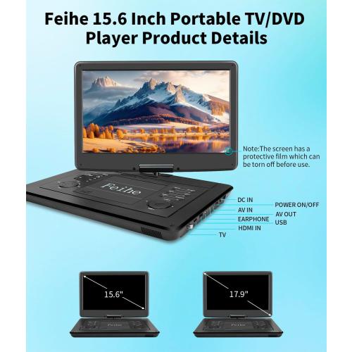 17.9 Portable DVD Player Built in TV with 15.6 Large HD Swivel Screen, ATSC Tuner, Built-in Battery, High Volume Speakers, Support HDMI/USB/AV/Sync TV and Multiple Formats