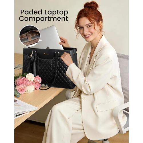 LOVEVOOK Laptop Tote Bag for Women,15.6 Inch Work Bags PU Leather Teacher Tote Bag,Waterproof Quilted Computer Bag for Office Professional Briefcase Gifts