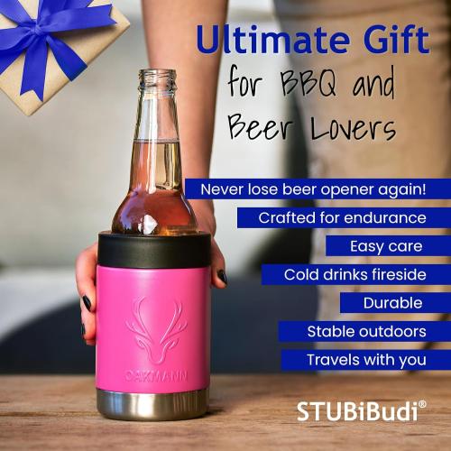 OAKMANN Beer Cozy with Bottle Opener, Insulated Can Cooler 12 oz Bottle Holder, 3 in 1 Stainless Steel Insulator, 4 in 1 Universal Can Coozie for Cans Bottles Seltzer, Beer Gifts for Her - Pink