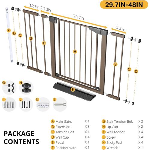 Cumbor 29.7-48 Baby Gate for Stairs, Mom's Choice Awards Winner-Dog Gate for Doorways, Auto Close Safety Pet Gate for Dogs Indoor, Easy Install Pressure Mounted Child Gate with Walk Thru Door, Brown