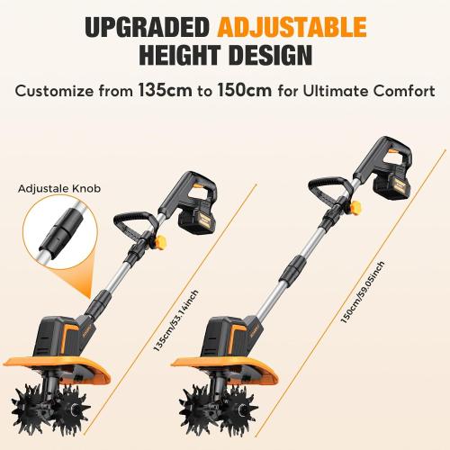 SOARFLY Upgraded Cordless Tiller for Gardening with Dual 2.0Ah Batteries, 48 Steel Tines Battery Rototiller, 9 Width 6.6 Depth Garden Tiller Cultivator for Soil, Tending & Composting (Orange)
