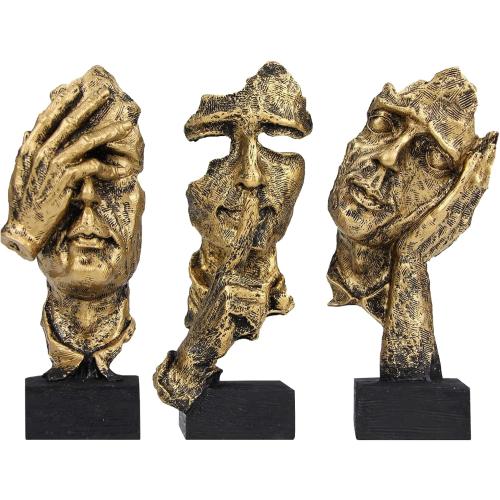 aboxoo 3 Pcs Thinker Statue, Silence is Gold Abstract Art Figurine, No Hear No See No Speak Modern Home Resin Sculptures Decorative Objects Modern Decor for Creative Room Home, Office Study (Gold)