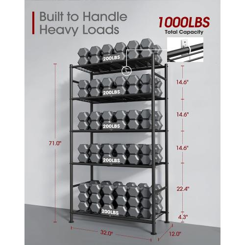 Sakugi Storage Shelves - 5 Tier Shelf Organizer, Heavy Duty Garage Shelving Unit with Leveling Feet, Stable Metal Shelves Organizer for Pantry, Kitchen and Closet, 33.0 W x 12.6 D x 72.0 H, Black