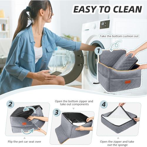 HEGGCOOE Dog Car Seat for Small Medium Dogs, Memory Foam Puppy Dog Booster Seat with Thick Cushion for Dogs Under 35lbs, Detachable Washable Pet Car Seat Travel Bed with Storage Pockets,2 Safety Belts