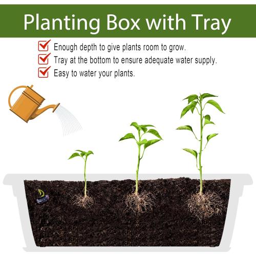 HOXHA 6 Pack Window Box Planter, 17 Inches Vegetable Flower Plastic Planter Boxes with Tray, Rectangular Planter Indoor and Outdoor Flower Pots for Windowsill, Patio, Porch, Garden Balcony, White