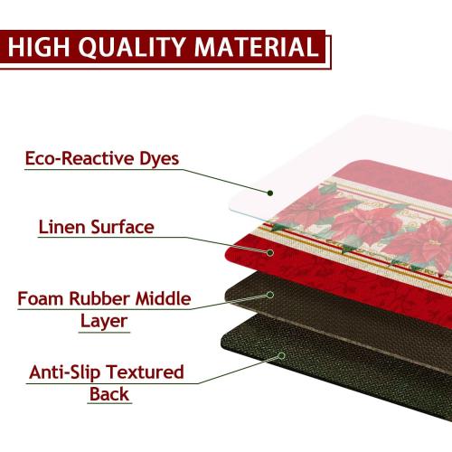 Red Poinsettia Flower Kitchen Rugs and Mats Set of 2, Winter Holiday Xmas Washable Non-Slip Floor Mats for Christmas Kitchen Decor - 17x29 and 17x47 Inch
