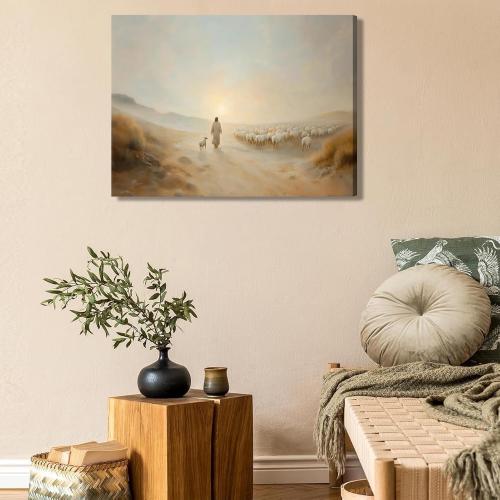 Jesus Leaves the 99 Wall Art Jesus Sheep pictures Wall Decor The Lost Lamb Poster Print Christian Landscape Painting Artwork for Gallery Church Home Decoration 24x16in Canvas