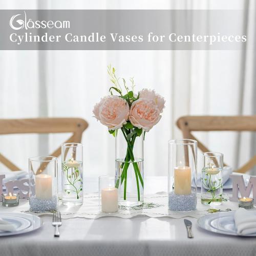 Glasseam Clear Glass Cylinder Vase, 6pcs Glass Vases for Centerpieces, Modern Floating Candle Vases for Flowers, Hurricane Vase Decor Candle Holders for Pillar Candles Wedding Decorations (4/6/8)