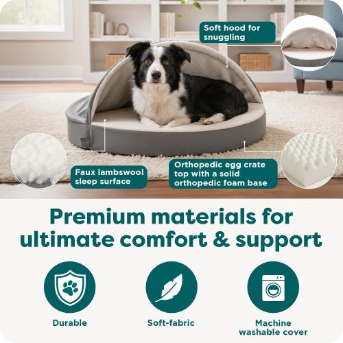 Furhaven 26 Round Orthopedic Dog Bed for Medium/Small Dogs w/ Removable Washable Cover, For Dogs Up to 30 lbs - Sherpa & Suede Snuggery - Gray, 26-inch