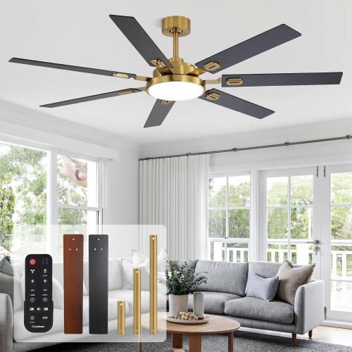 64 Inch Ceiling Fans with Lights and Remote, Bedroom Living Room Office Library Cafe Outdoor Industrial, 5CCT Dimmable, Dual Color 7 Blades, 6 Speed Reversible Quiet DC Motor, Gold/Wood Grain
