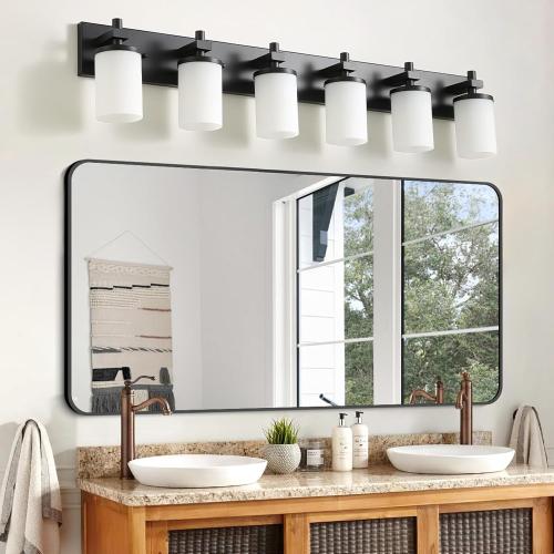 LOUSACE Bathroom Lighting Fixture Over Mirror, 6 Light Bathroom Vanity Lights Matte Black with Opal White Glass Shades, E26 Bulb Base, Wall Sconces Vanity Lighting Fixtures for Bathroom Living Room
