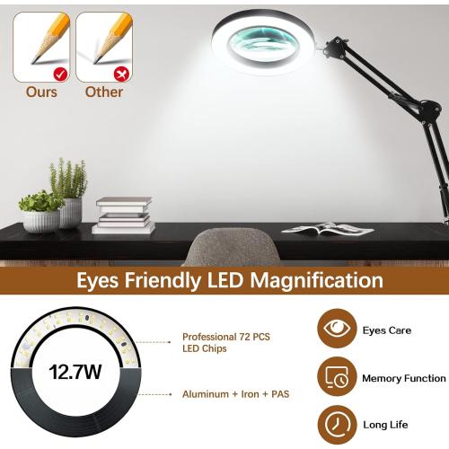 10X Magnifying Glass with Light and Clamp, Magnifier with Light Hands Free3 Color Modes Stepless Dimmable, 72 LEDs Real Glass Lens Magnifying Lamp for Close Work, Repair, Reading, Craft