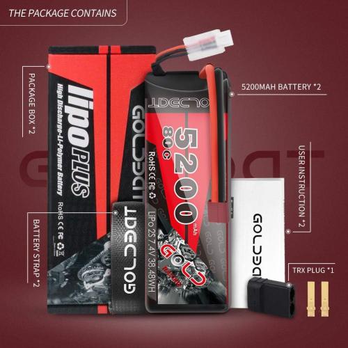 GOLDBAT 5200mAh 80C 2S 7.4V RC LiPo Battery Hard Case with T Plug for RC Evader BX Car RC Truck RC Truggy Racing (2 Packs)