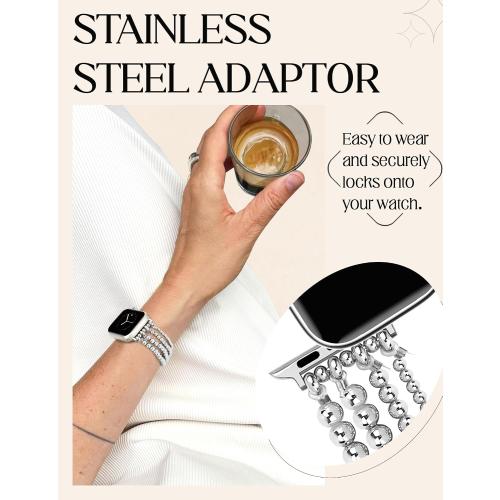 JR.DM Silver Beaded Bracelet Bands Women Compatible with Apple Watch 40mm 42mm(S10/11) 41mm 38mm Dressy Fancy Stretchy Elastic Jewelry Strap Replacement for iWatch Series 11/10/9/8/7/6/5/4/3/2/1/SE