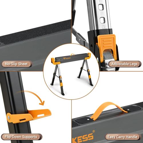 Saw Horses 2 Pack Folding, 2600 Lbs Load Capacity & 24-32 Inch Adjustable Height Heavy Duty Sawhorse Table with 2x4 Support Arms, Portable Folding Legs and Easy Grip Handle for Woodworking