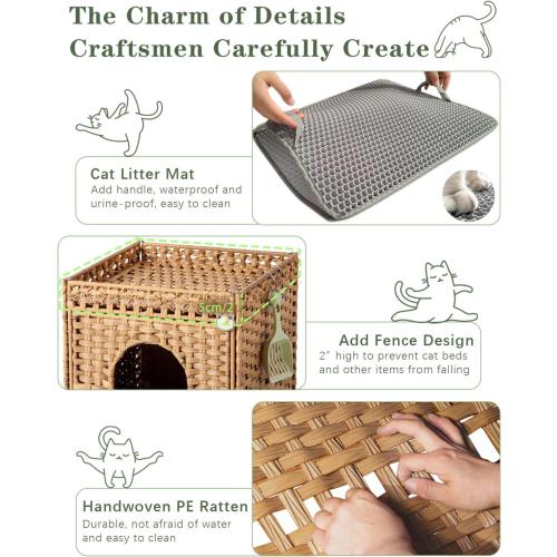 18.5 x 20.5 x 19.1 Cat Litter Box Enclosure Furniture, Hidden Litter Box with Mat and Fence, Handwoven Rattan Cat House with Two S-Shaped Hooks for Living Room, Bedroom, 18.5 x 20.5 x 19.1 Inches (Natural)