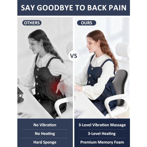 Lumbar Support Pillow for Office Chair,Heated Back Support Pillow with Vibration, Ergonomic Back Massage Pillow for Pain Relief, Memory Foam Lumbar Pillow for Car,Desk Chair,Gifts for Mom Dad