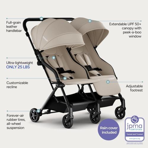 Mompush Lithe Double Stroller for Infant and Toddler, Lightweight Side by Side Twin Stroller, Only 25 lbs, 30-Inch Slim Fit Through Doorways, One-Step Fold, Independent Recline, UPF 50  Canopy