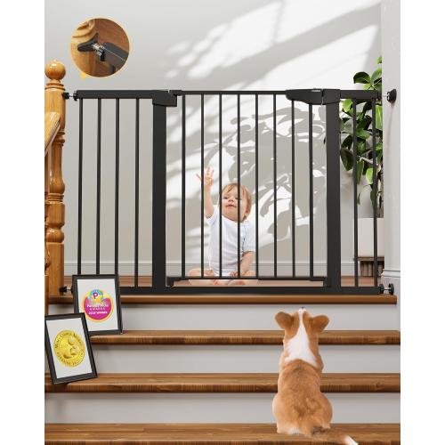 Cumbor 29.7-48 Baby Gate for Stairs, Mom's Choice Awards Winner-Dog Gate for Doorways, Auto Close Safety Pet Gate for Dogs Indoor, Easy Install Pressure Mounted Child Gate with Walk Thru Door, Black