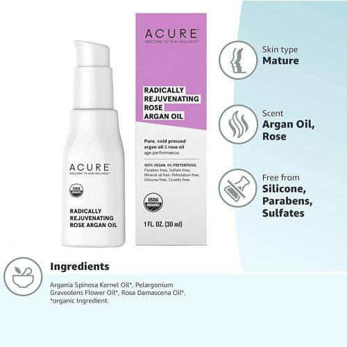 ACURE Radically Rejuvenating Rose Argan Oil - Face, Hair & Body Oil Serum Rich in Vitamin E - Lightweight, Non-Greasy, Vegan - 1 Fl Oz