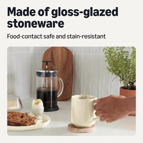 Amazon Basics Glazed Stoneware Coffee Mugs, Ceramic 4-Piece Set, 16 oz, Microwave and Dishwasher-Safe, Ivory