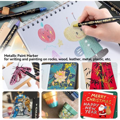 TRANSON 12Colors Metallic Paint Markers Bold and Fine Dual-tip for Rock Wood Ceramic Canvas DIY Painting Drawing