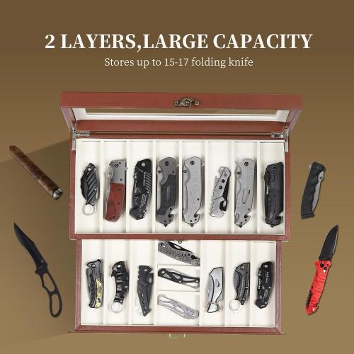 AUTOARK 2-Tier PU Leather & Velvet Knife Organizer with 17 Slots,Transparent Glass Top & Drawer,Compact Storage for Pocket Knives,Perfect for Men's Collections & Gifts,Brown,MKAW017