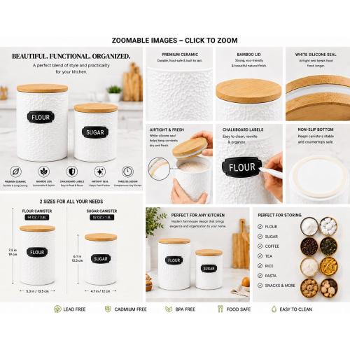 Ceramic Canister Set of 2 (94oz & 52oz) – Airtight Bamboo Lids for Flour, Sugar & Coffee – White Kitchen Storage Jars with Labels for Countertop & Pantry