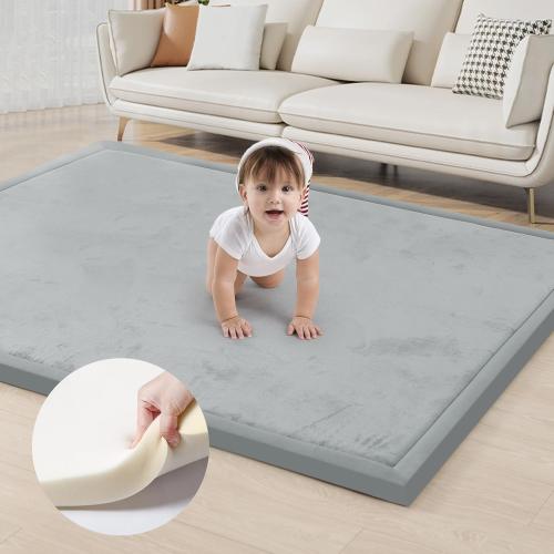 ACOMOPACK Baby Play Mat for Floor 1.3 Thick Memory Foam Play Mat 59×71 Tummy Time Crawling with Non-slip Bottom for Living Room,Nursery,Soft Velvet Playpen Mats for Kids,Infants（Light Grey）