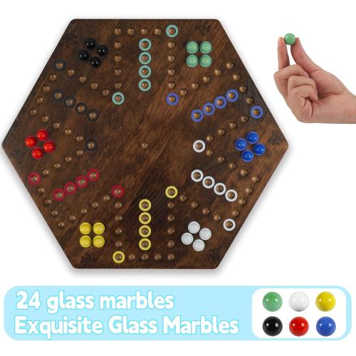 Wahoo Board Game - 23.6 inch Marble Game Board with 24 Glass Marbles and 6 Dice,Solid Wood Double-Sided Game Board for 4 or 6 Players - Family and Party Game