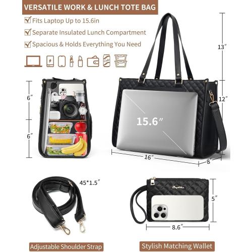 Lunch Tote Bag for Women, 15.6 Inch Laptop Work Bag with Insulated Lunch Box Compartment & Purse Large Capacity Quilted Computer Handbag for Office Business Work Nurse Teacher Travel Casual